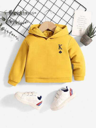 SHEIN 休閒黃色紙牌印花男嬰兒連帽運動衫