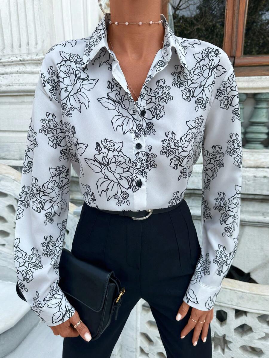 RueChic Floral Print Button Front Shirt - Black and White - View 1