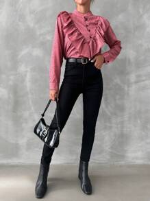 EURMUSE Polka Dot Print Ruffle Trim Button Front Shirt - Pink - View 6