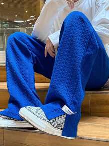 Claim Dot Loose Fit Men's Letter Patched Drawstring Waist Sweatpants Going Out Plain Casual Baggy Royal Blue Drawstring Sweatpants, For Husband, Boyfriend Gifts