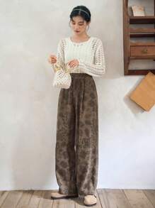 FRIFUL 花卉提花斜袋闊腿褲 - 卡其色 - 查看 4