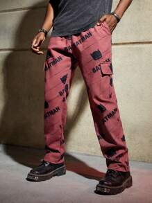 ROMWE MEN Batman X ROMWE Guys Letter & Cartoon Graphic Flap Pocket Side Drawstring Waist Cargo Pants - Multicolor - View 1