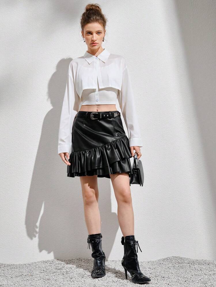 Ruffle Hem Leather Look Skirt