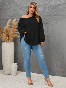 SHEIN LUNE Plus Size Women'S Drop Shoulder Ribbed Top - Black - View 4