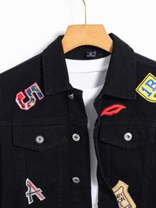 Manfinity Homme Men 1Pc Patched Detail Denim Jacket, Dark Cotton Black Jacket For Party & Grunge Rapper, Fall - Black - View 7