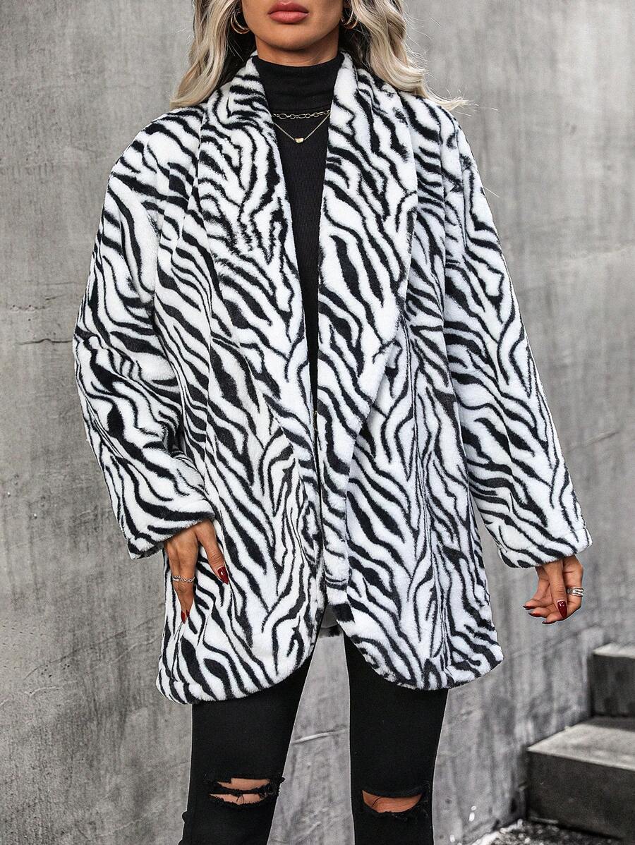 SHEIN Clasi Abrigo de rayas de cebra con parte delantera abierta de franela - Blanco - Ver 1