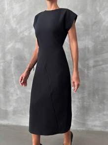 SHEIN Cottnline 素色蝙蝠袖緊身洋裝 - 黑色 - 查看 4