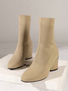Women's Knitted Boots, 2023 Christmas New Mid-Calf Booties, Beige Fashionable Autumn/Winter Ladies' Boots With Unique Heels, Naked Boot, Fashionable Boots That Make You Look Taller And Slimmer, Halloween Ankle Boots For Women, Boots For Women, Holiday Season Fashion Boots For Women - Apricot - View 5
