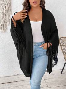 SHEIN VCAY Cárdigan de manga de murciélago con volantes para talla grande - Negro - Ver 6