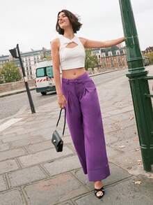 SHEIN Frenchy 女士休闲纯色阔腿裤 - 紫色 - 查看 5