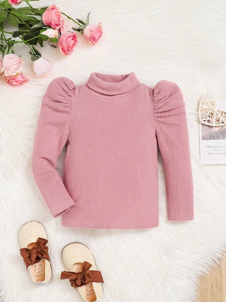 SHEIN Áo phông đan sườn có tay cho bé gái Gigot - Màu Hồng  San hô - Xem 1