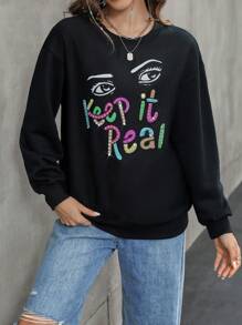 SHEIN Unity Slogan Graphic Rhinestone Detail Drop Shoulder Sweatshirt Pullover Fall Sweatshirt - Black - View 5