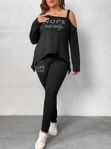 SHEIN LUNE Plus Slogan Graphic Asymmetrical Neck Tee & Leggings - Black - View 7