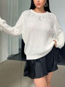 SHEIN Essnce Plus Floral Pattern Sweater - White - View 1