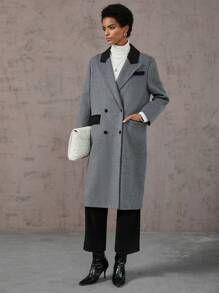 GENKIRA Contrast Collar Double Breasted Overcoat Fall Cloth For Women - Grey - View 4