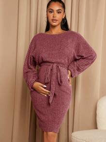 SHEIN Maternity Drop Shoulder Belted Bodycon Dress - Dusty Pink - View 5