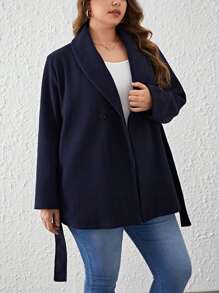 SHEIN Clasi Plus Shawl Collar Belted Overcoat - Navy Blue - View 5