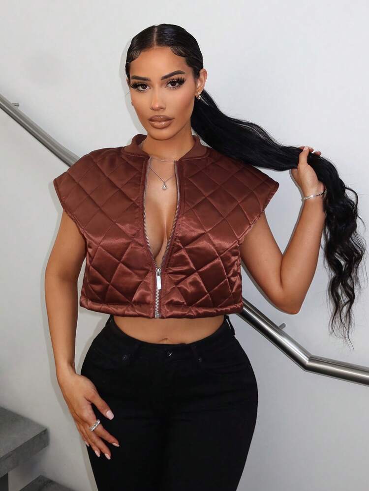 Zip Up Crop Vest Quilted Coat