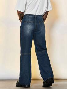 Manfinity Hypemode 男士寬鬆直筒破洞牛仔褲 - 深色水洗藍 - 查看 2