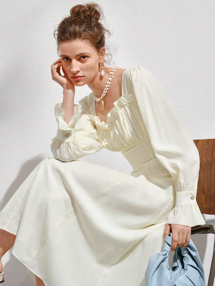 Ruched Bust Flounce Sleeve Dress Fall Cloth For Women