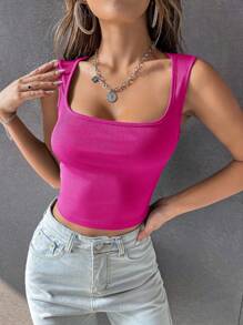 SHEIN Unity Top tank crop unicolor de cuello cuadrado - Rosa Fucsia - Ver 1