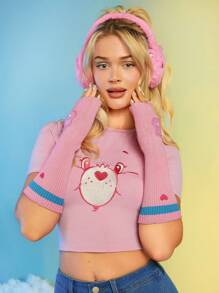 SHEIN X Care Bears Winter Warm Knitted Pink Long Gloves Sleeves Set - Pink - View 5