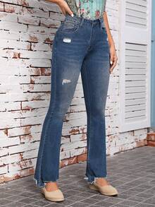 SHEIN LUNE 破洞毛邊牛仔喇叭褲 - 黑色 - 查看 3