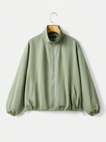 SHEIN EZwear 拉鏈開襟落肩袖夾克 - 軍綠色 - 查看 1