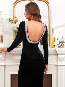 SHEIN Belle Rhinestone Chi tiết Không lưng Nhung Ăn mặc trang trọng - màu đen - Xem 4