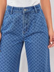 SHEIN Privé High Waist Plaid Wide Leg Jeans - Medium Wash - View 6