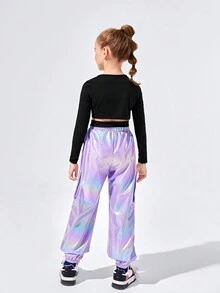 SHEIN Tween Girl Star Print Crop Tee & Holographic Pants - Black - View 2