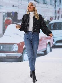 SHEIN LUNE 拉链亮片女士冬季衣服保暖加厚棉服外套 - 黑色 - 查看 3