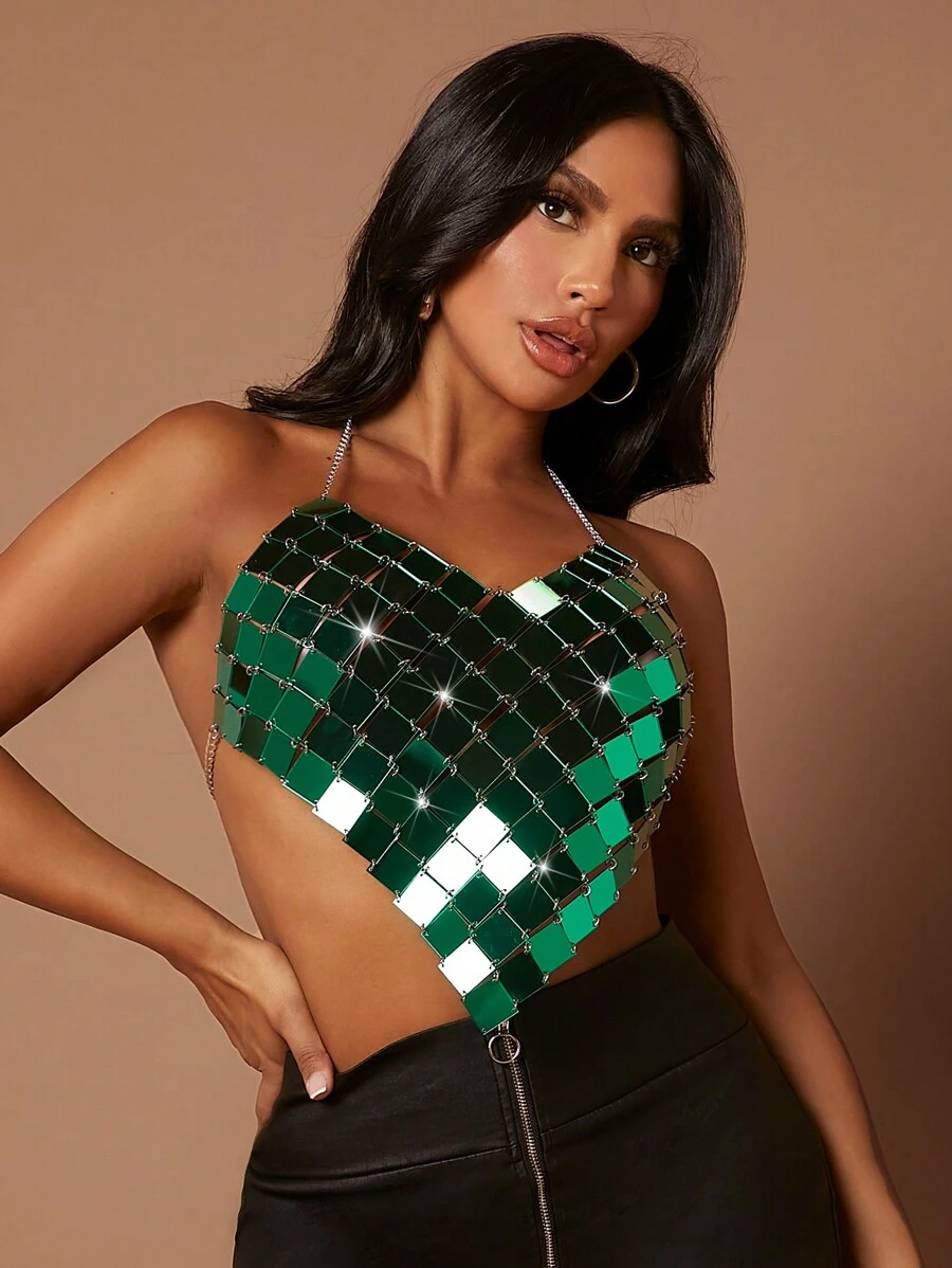 SHEIN SXY 鏡面亮片裝飾頭巾邊露背短款荷葉邊吊帶上衣 - 綠色 - 查看 1