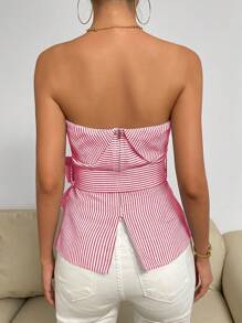 Chiquease Striped Print Knot Side Tube Top - Red and White - View 2