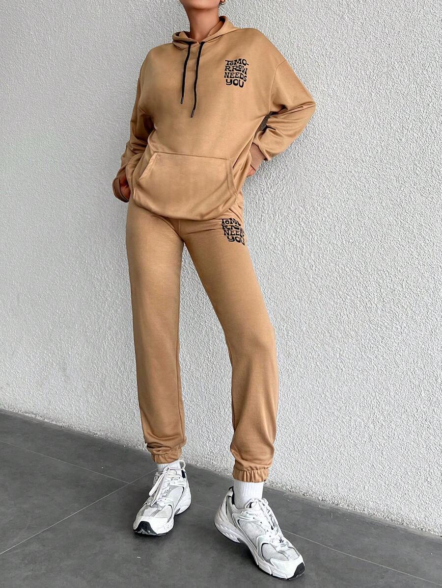 EURMUSE Bộ 2 món áo hoodie và quần nỉ in chữ thường ngày dành cho nữ, mùa thu - Cà phê nâu - Xem 1