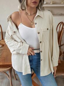 SHEIN Essnce Plus Flap Pocket Drop Shoulder Corduroy Jacket - Beige - View 3