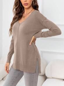 DEARCASE V Neck Split Hem Sweater,Long Sleeve Tops - Khaki - View 4