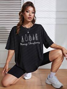 SHEIN EZwear 圣诞印花落肩 T 恤 图案 T 恤 女式上衣 - 黑色 - 查看 5