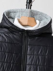 SHEIN Áo khoác có mũ trùm đầu có khóa kéo lót nhung cho bé trai tuổi mới lớn không có áo len - màu đen - Xem 6