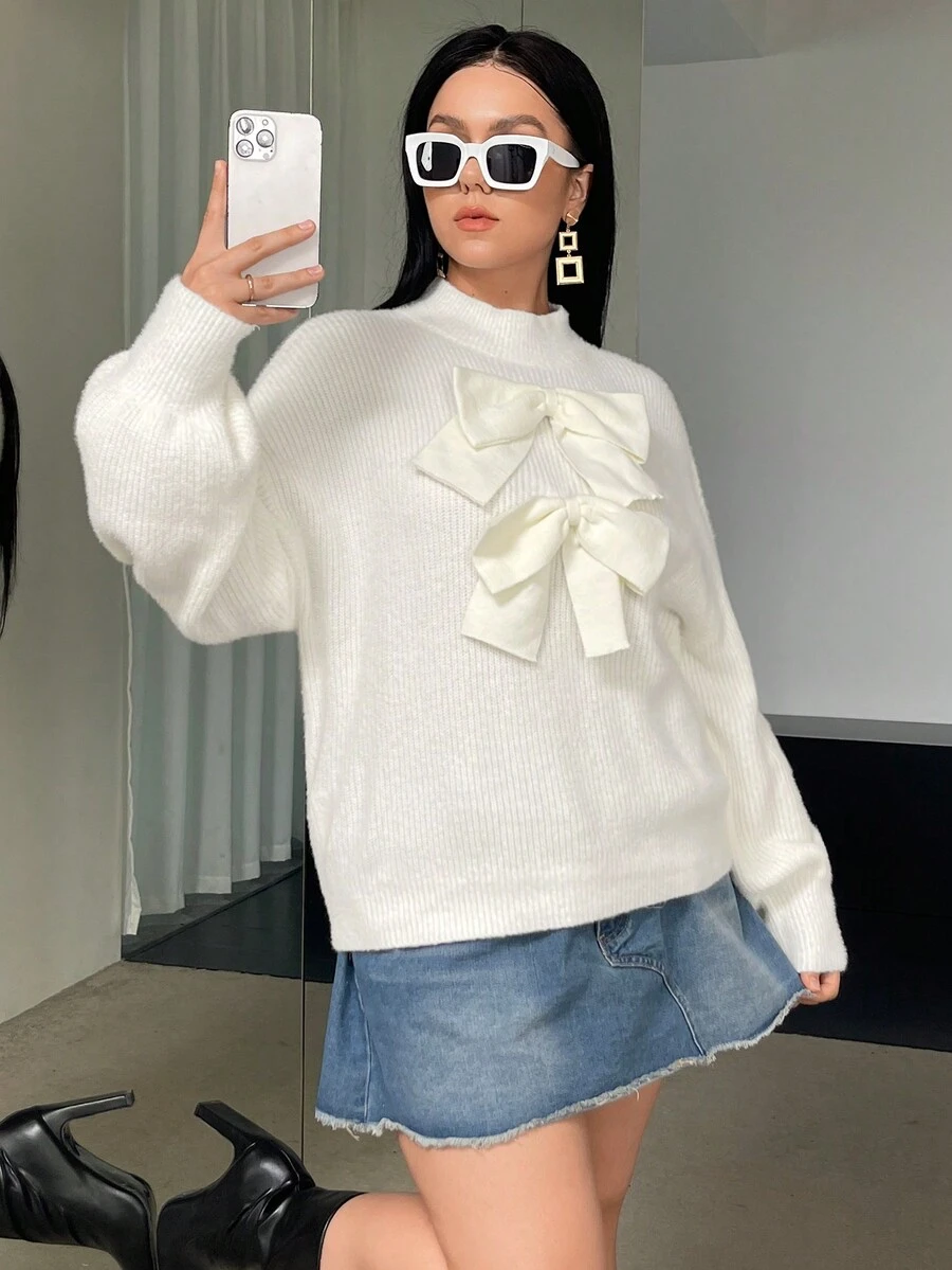 SHEIN Essnce Plus Bow Front Drop Shoulder Sweater - White - View 1