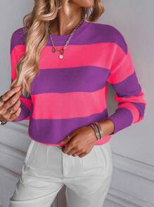 Chiquease Suéter de punto con hombros caídos y bloques de color para otoño e invierno - Multicolor - Ver 1