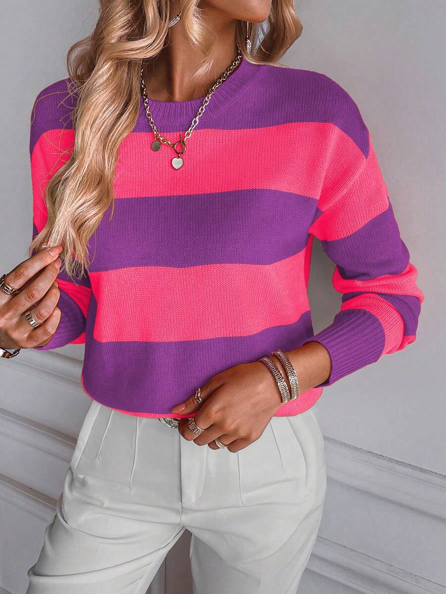 Chiquease Suéter de punto con hombros caídos y bloques de color para otoño e invierno - Multicolor - Ver 1