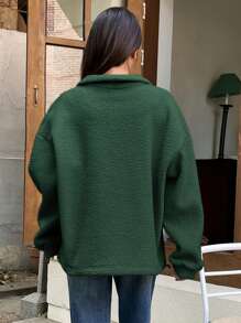 DAZY Letter Patched Half Zip Drop Shoulder Teddy Sweatshirt Fall,Winter - Dark Green - View 4