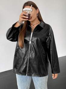 SHEIN EZwear 大碼拉鏈開襟落肩袖PU皮革外套 - 黑色 - 查看 5