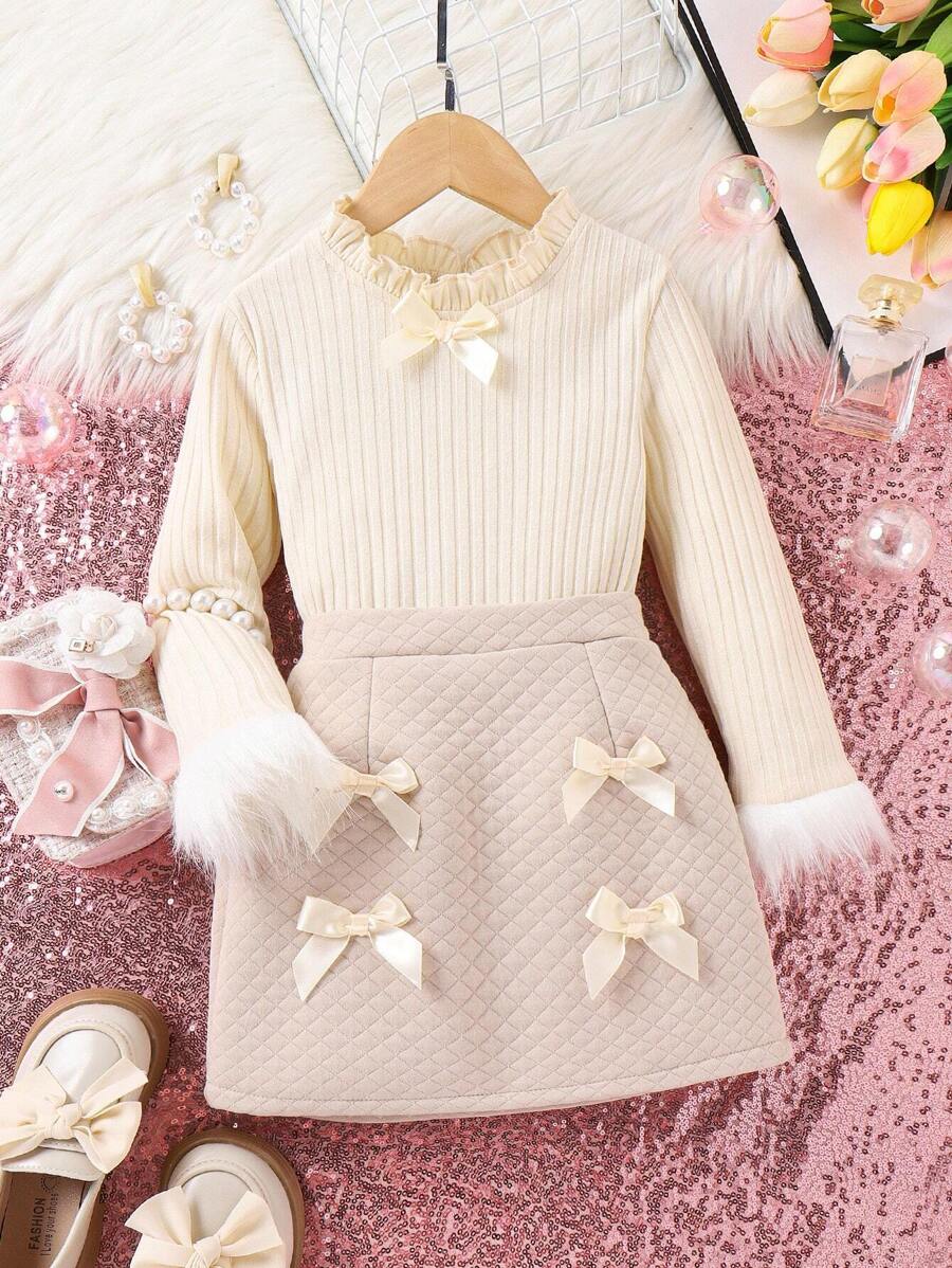 SHEIN Young Girl Fuzzy Cuff Bow Front Tee & Skirt - Apricot - View 1