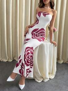 SHEIN Privé Floral Print Tube Dress - Multicolor - View 6