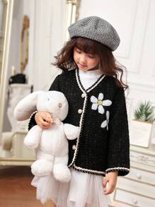 SHEIN Young Girl Floral Patched Contrast Binding Button Front Overcoat - Black - View 4
