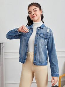 青少年女孩破洞翻蓋口袋牛仔夾克 - 中等水洗藍 - 查看 6