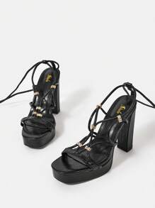 SheIn SXY Fashionable & Comfortable Women's Black Strappy High Heel Sandals With Rhinestone Decor - Black - View 5