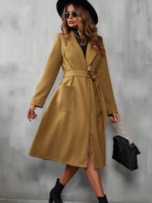 SHEIN LUNE Lapel Neck Pocket Patched Belted Overcoat - Khaki - View 5